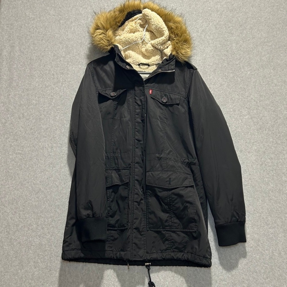 Levi Strauss & Co Womens Sherpa Lined Parka Black Faux Fur Hood Long Coat M